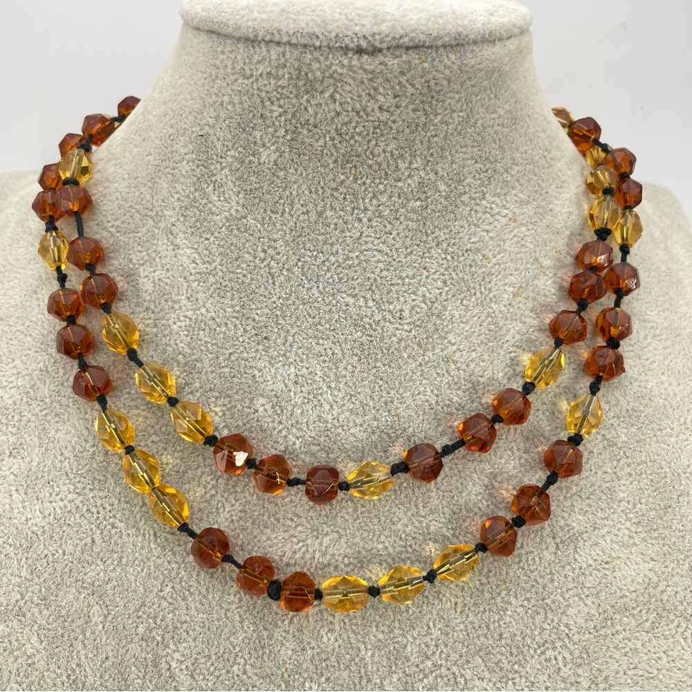 Vintage Amber & Honey Faceted Beaded Necklace – 32” Glass Strand